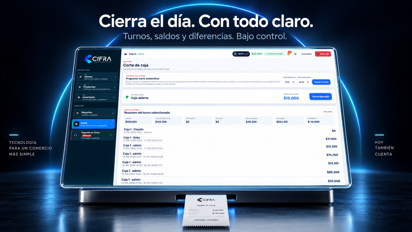 Cierra el día. Con todo claro. Turnos, saldos y diferencias. Bajo control.